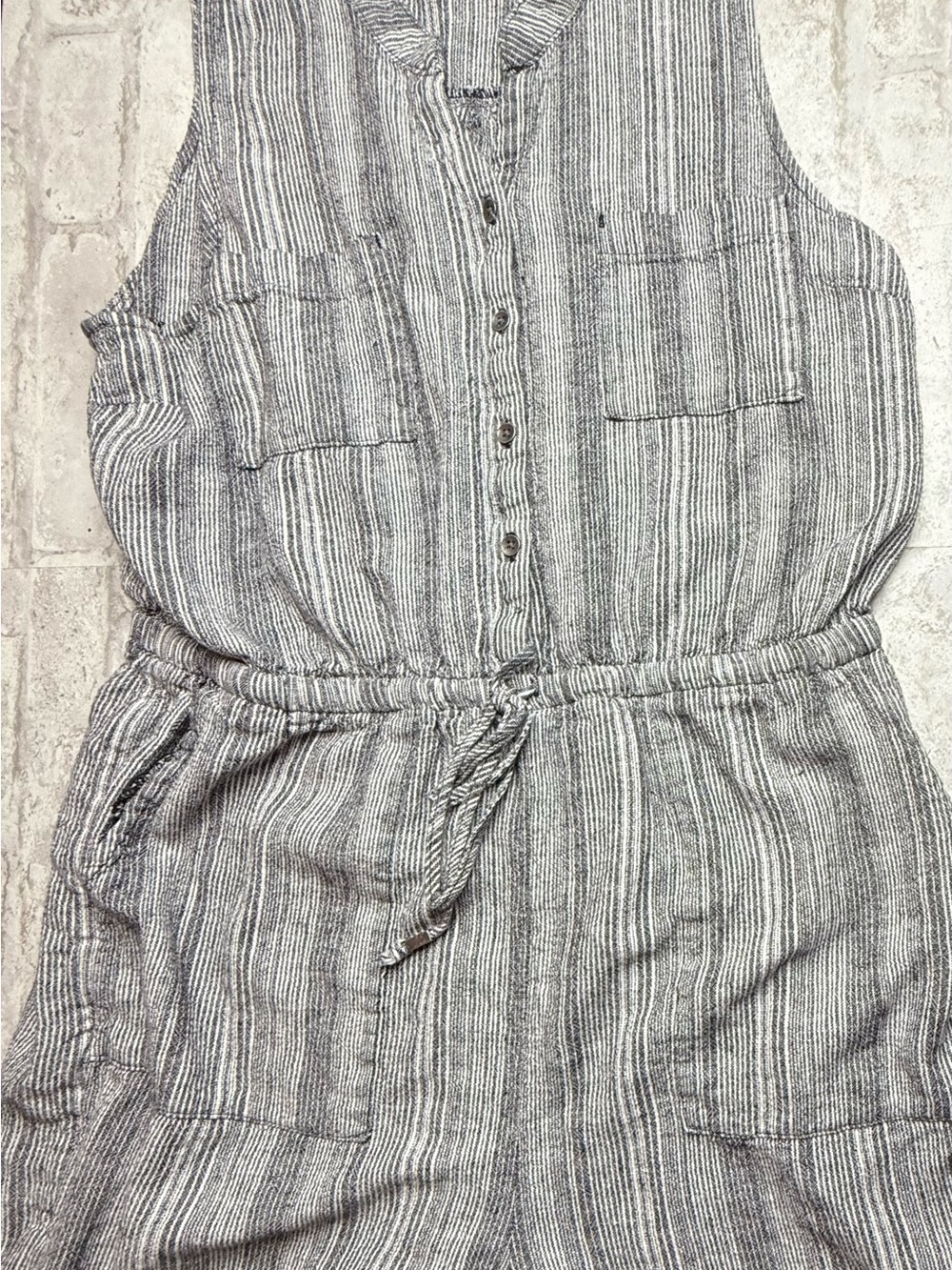 Kelly Renee Romper Womens Large Linen Rayon Gray Striped Drawstring Sleeveless😍